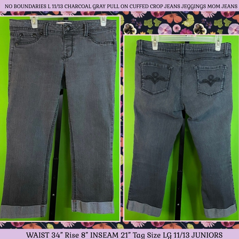 NO BOUNDARIES L 11/13 CHARCOAL GRAY PULL ON CUFFED CROP JEANS JEGGINGS MOM JEANS